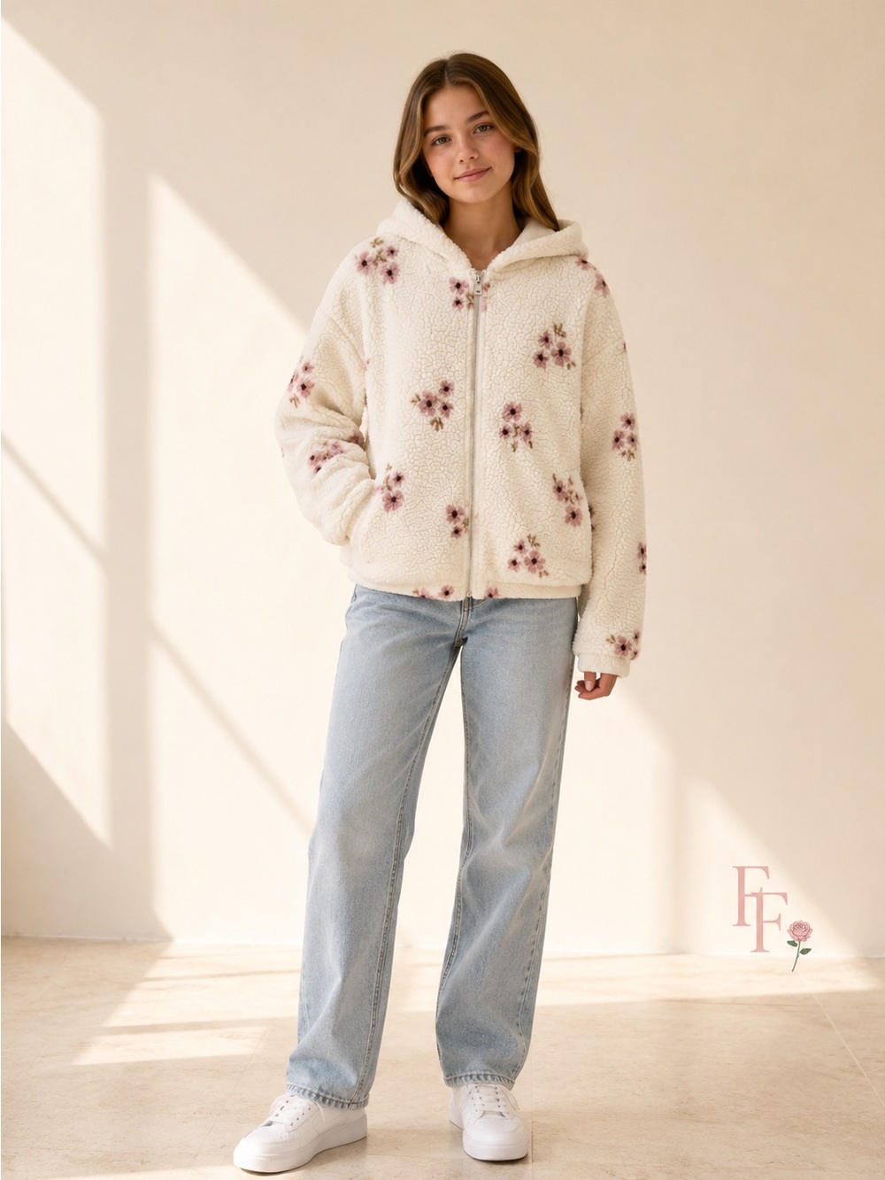 H&M Kids Floral Teddy Fleece Hooded Jacket White Pink Flowers Size 14/16 XL - Picture 2 of 7